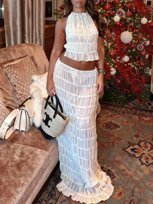 2026春夏女士雪纺层叠荷叶边蕾丝露背吊带两件套，包含长裙和短款上衣，适合情人节、海滩度假、早午餐约会、优雅派对，以及万圣节、哥特风派对和婚礼等场合。这款优雅的露背女士套装是圣诞派对、约会之夜的理想之选，也是春夏的时尚之选。白色。 - 杏色 - 查看 2