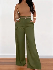 ANCHOSE Damen Casual einfarbige Hose mit hoher Taille, Taschenentwurf, weite Passform, Frühling - Armeegrün - Übersicht 1