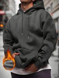 Men's Solid Color Drop Shoulder Long Sleeve Drawstring Pocket Casual Hoodie, Autumn/Winter,Back To School