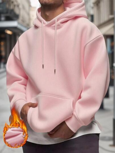 男士纯色落肩长袖抽绳口袋休闲连帽衫，秋冬季，返校季