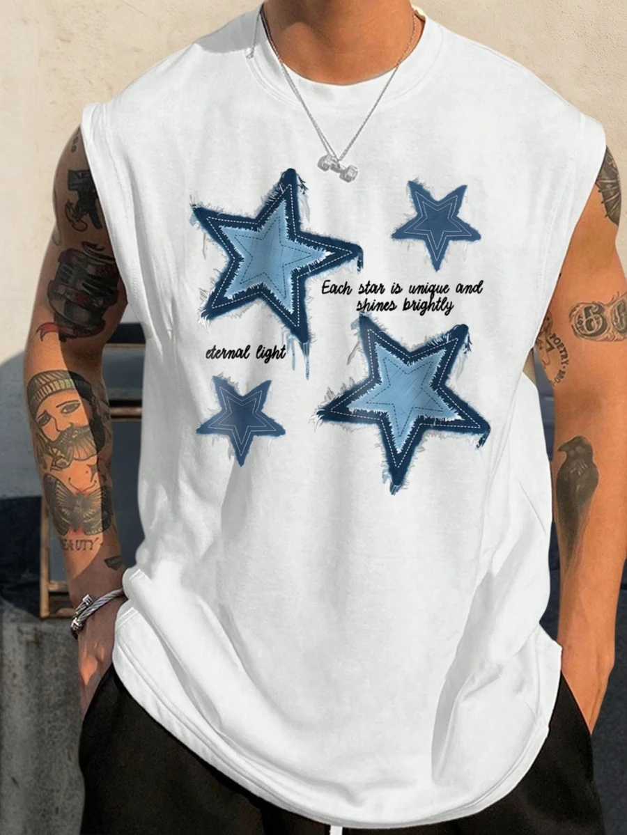 Fashionable Men's Sleeveless Star Pattern T-Shirt | Casual American Style Versatile Tank Top - White - View 1