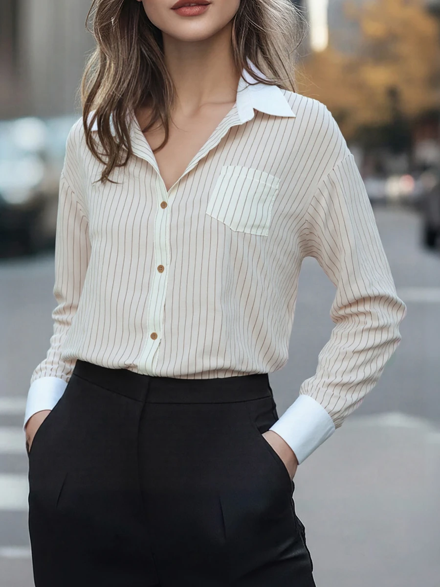 Women's Elegant Long Sleeve Striped Shirt, Shirt Collar, Button Front, Pocket Detail, Semi-Sheer Regular Fit Polyester Top, Daily Fashion Choice - White - View 1