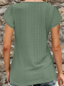 Women Solid Color Contrast Lace V-Neck Flounce Short Sleeve Casual Top - Green - View 2