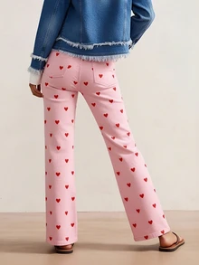 European & American Style Girls Casual Elastic Fitted Heart Pattern Narrow Leg Pants - Pink - View 5