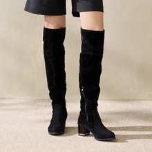 Clariva 女士流苏黑色麂皮过膝长靴，粗跟，侧拉链，保暖修身长靴，适合秋冬季节，时尚靴子，圣诞礼物