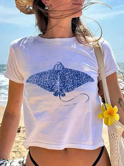 Women's Manta Ray Print Fitted Y2K Short Sleeve Tee, Suitable For Beach Vacation, Summer