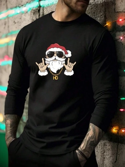 男士圣诞老人图案印花长袖打底T恤，适合日常休闲穿着