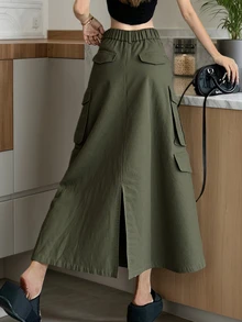 2025秋冬时尚日常户外街头通勤复古风多口袋拉链女裙，休闲日常穿着，适合冬季、圣诞节、新年派对、优雅女士装扮、夏季、情人节，绿色裙子 - 軍綠色 - 查看 3