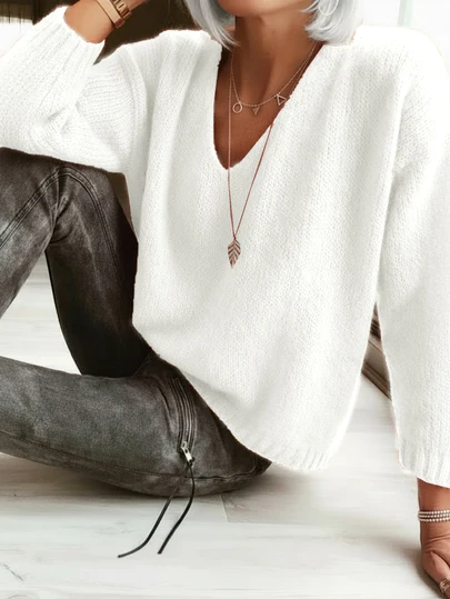 Minimalist Solid Color V-Neck Loose Fit Slimming Casual Pullover Sweater, Autumn/Winter