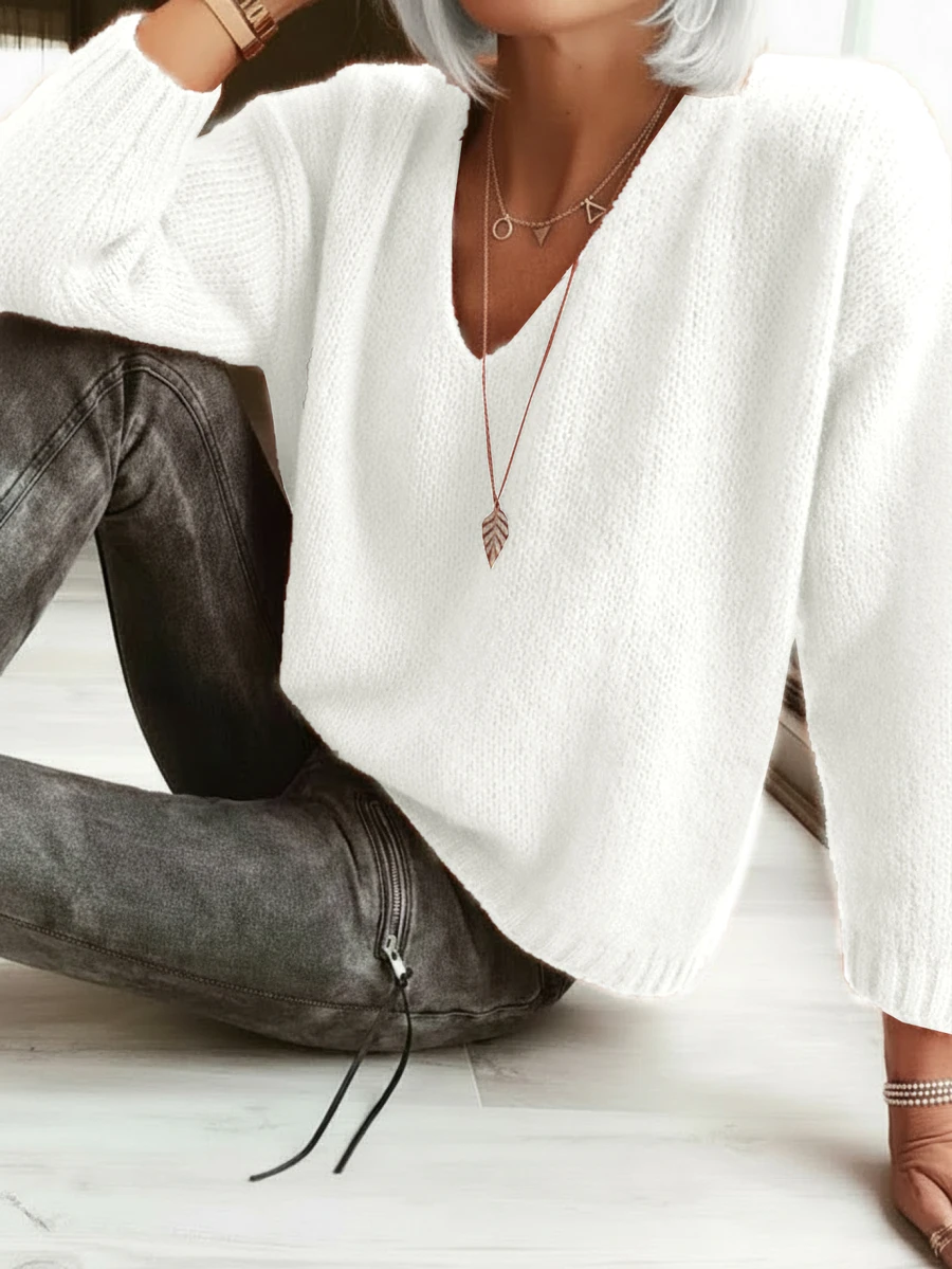 Áo len chui đầu dáng rộng cổ chữ V màu trơn tối giản, tôn dáng, thích hợp mặc mùa thu/đông, màu trắng.