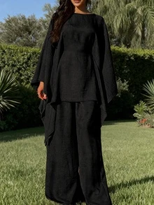 Traje holgado de mujer con mangas de murciélago y recogido en la cintura, elegante, informal, negro, primavera - Negro - Ver 5