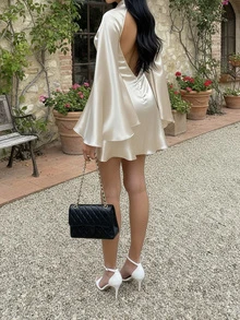 Women's Satin Elegant Flared Sleeve Keyhole Back Midi Dress - Apricot - View 3