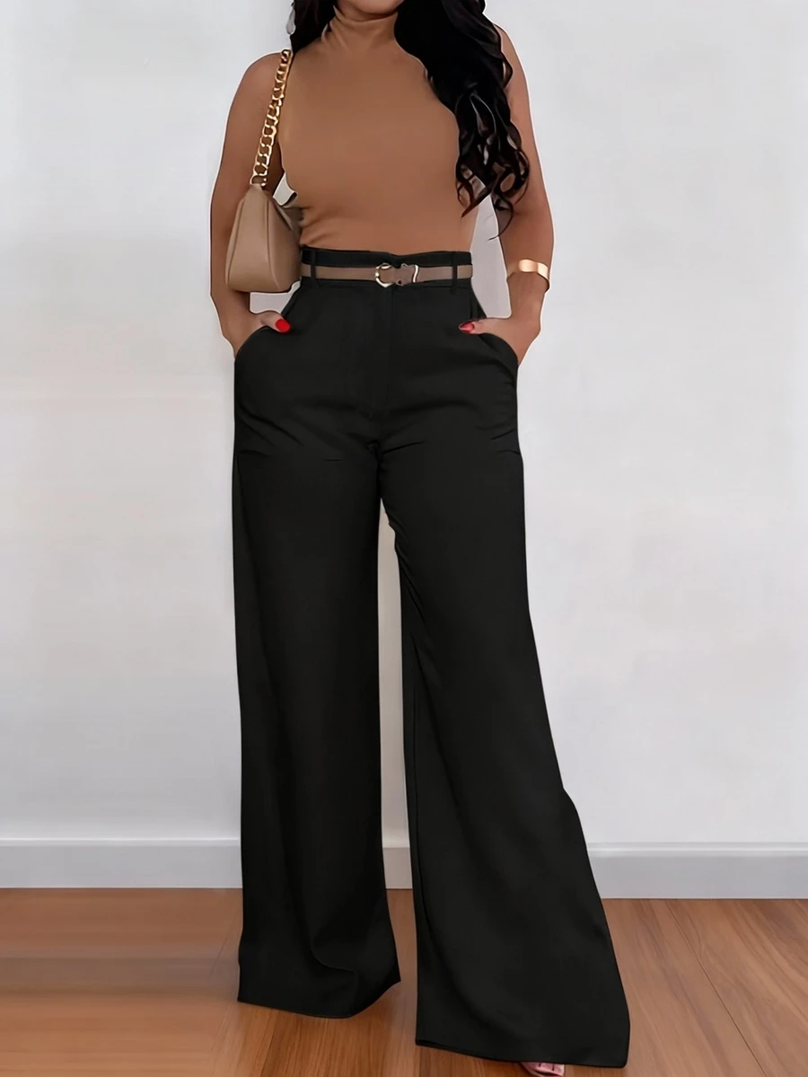 ANCHOSE Women's Casual Black High Waist Pocket Design Flare Pants, Loose Fit