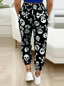 加大码高腰系带骷髅印花锥形休闲裤 - 黑色 - 查看 2