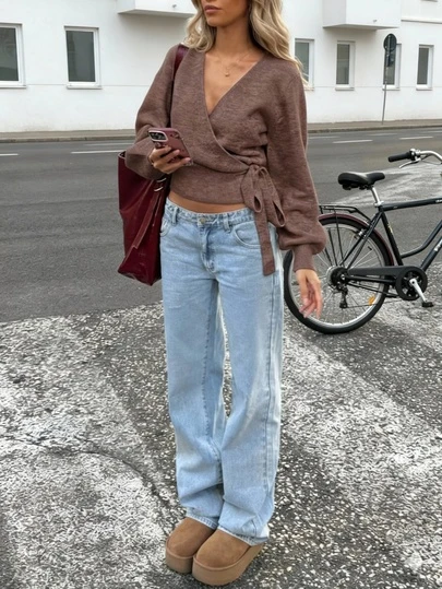 2025 Autumn/Winter Wrap Tie Knit Sweater, White, Women's Essential For Home, Commute, Date, Travel, Suitable For Various Occasions, Light Gray