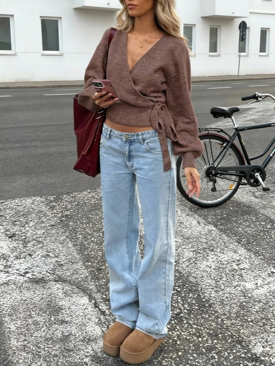 2025 Autumn/Winter Wrap Tie Knit Sweater, White, Women's Essential For Home, Commute, Date, Travel, Suitable For Various Occasions, Light Gray