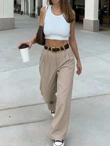 SMILE CHIC 复古高腰西装裤，适合春夏穿着，宽松显瘦垂坠面料，轻盈透气直筒阔腿裤，休闲通勤日常百搭单品。 - 杏色 - 查看 2