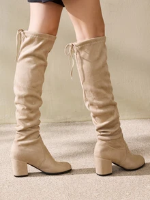 Clariva 经典女士卡其色过膝长靴，秋冬时尚弹力面料粗跟圆头后系带长靴，圣诞礼物