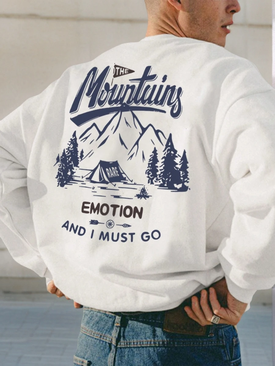 Men's Casual Crew Neck Sweatshirt | Landscape Artwork Outdoor Mountain Tent Pattern | Street Style Essential, For Fall