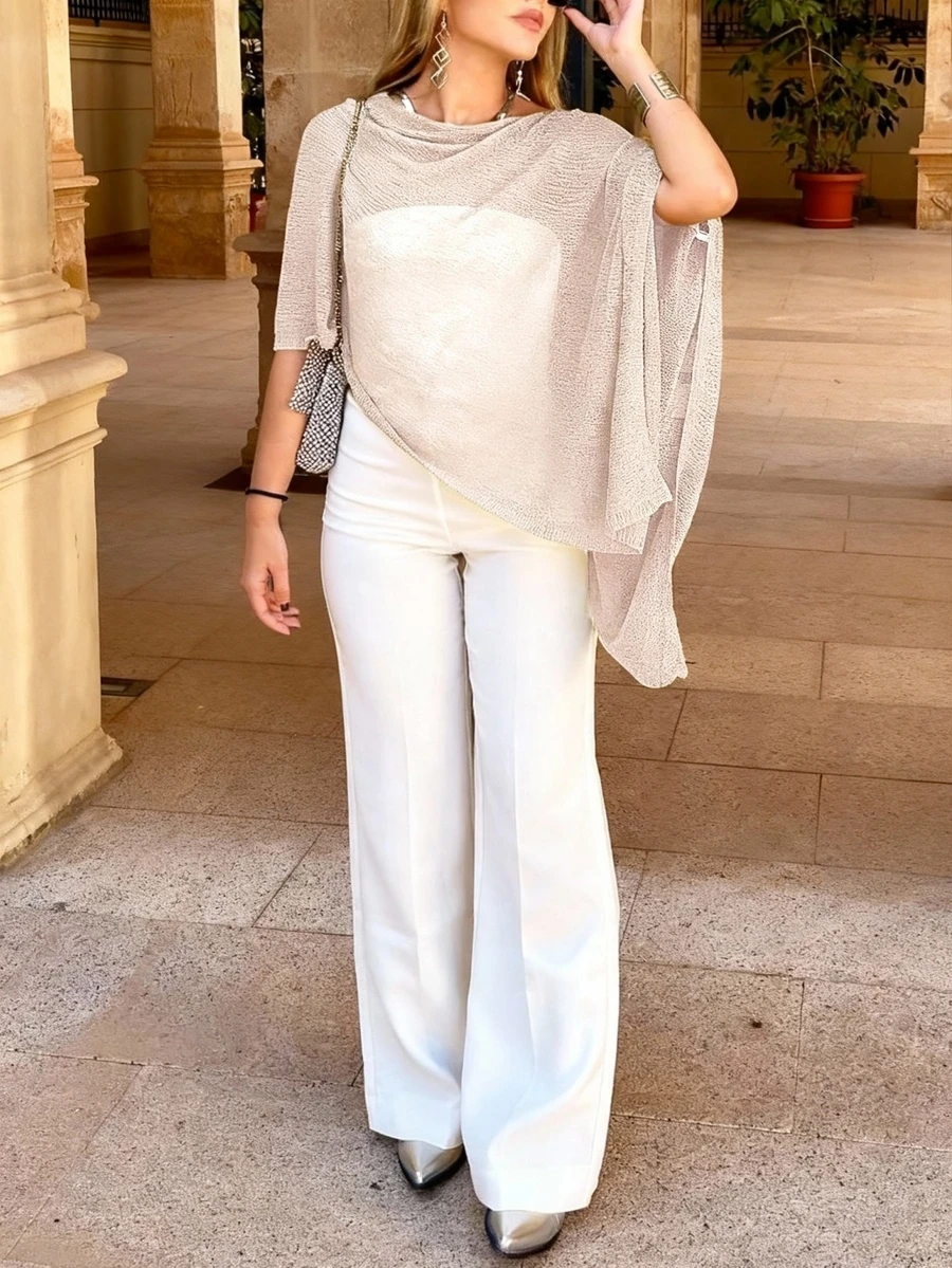 Fashionable & Elegant Loose Knit Shawl Cardigan, Women, Relaxed Fit, Lightweight, Highly Versatile, Suitable For Casual Outings, Leisure Travel, Beach - Spring & Summer - Apricot Color - View 1