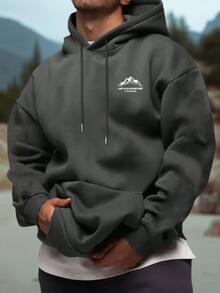 男士秋冬简约山地标语印花口袋抽绳连帽卫衣，长袖上衣