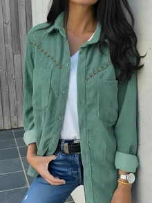 Camisa de pana con remaches y bolsillos dobles para mujer, top casual retro, apto para todas las estaciones, primavera - Verde - Ver 1