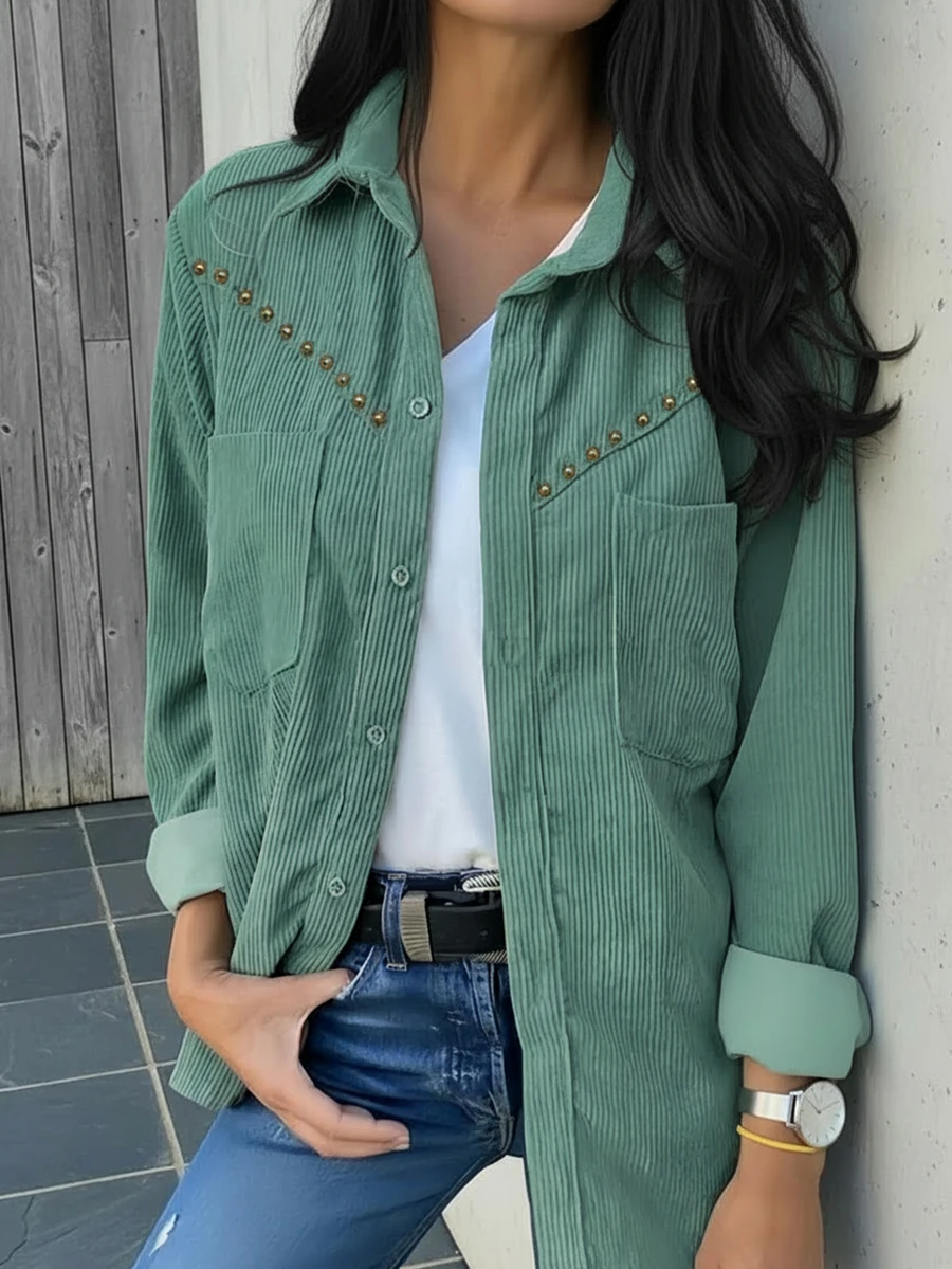 Camisa de pana con remaches y bolsillos dobles para mujer, top casual retro, apto para todas las estaciones, primavera - Verde - Ver 1