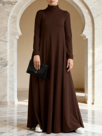 高领长袖休闲宽松纯色连衣裙