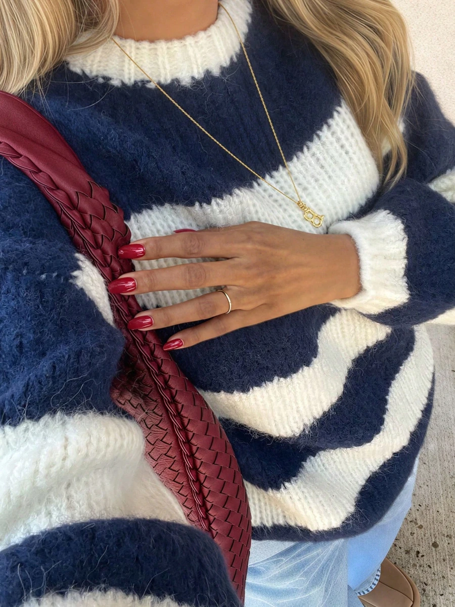Navy Blue & White Striped Knit Loose Fit Pullover Sweater, Casual Striped Sweater - Royal Blue - View 1