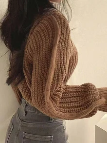 Women's Elegant Sweater - Soft Long Top, Suitable For Casual And Formal Occasions In Autumn/Winter, Non-Sheer Fashionable Knit Sweater, Comfortable Fabric, Long Sleeve Office, Solid Color Knit Top, Ribbed Texture, Women Pullover Sweater For Office In Autumn/Winter - Coffee Brown - View 2