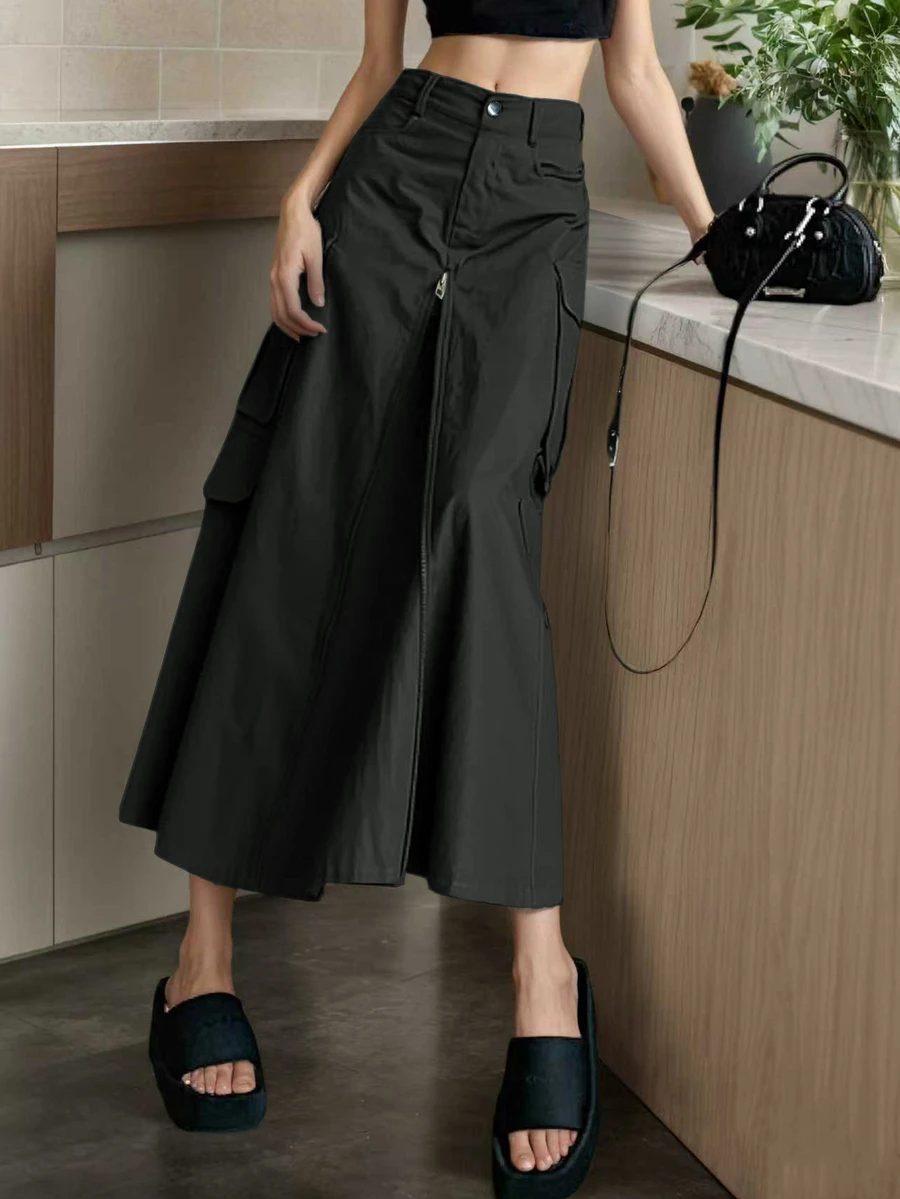 Váy nữ thời trang Thu Đông 2025 phong cách retro nhiều túi có khóa kéo, thích hợp mặc hàng ngày, đi làm, dạo phố, mùa đông, Giáng sinh, tiệc năm mới, thanh lịch, mùa hè, ngày Valentine, màu đen.