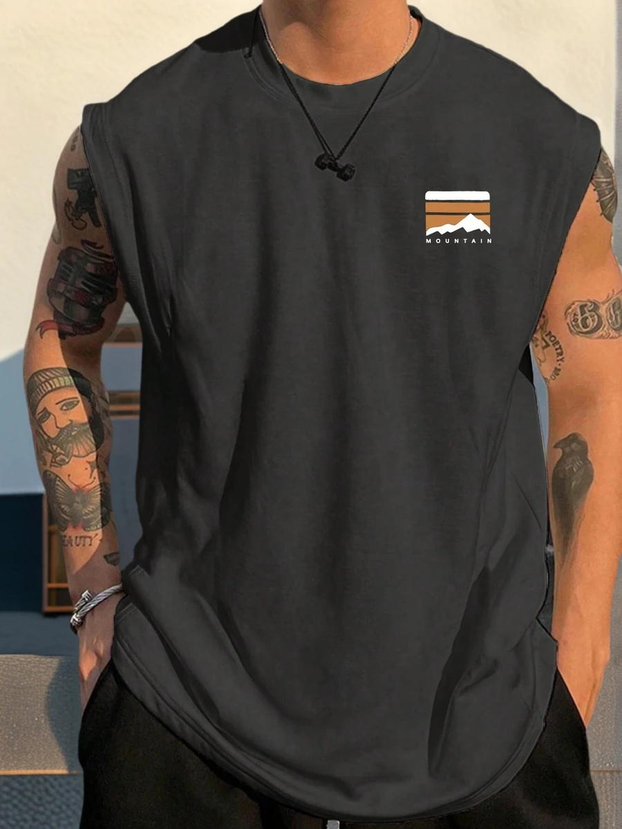 Áo thun nam không tay họa tiết núi cổ điển của Mỹ | Áo ba lỗ dáng rộng thoải mái ngoài trời