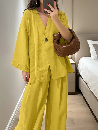 Ținută elegantă pentru femei, primăvară/vară, cămașă cu mânecă lungă și decolteu adânc în V, cu buzunare, pantaloni lejeri cu talie elastică, tiv lung scurt în față și spate, subțire și confortabilă, potrivită pentru toate anotimpurile, stil casual francez pentru naveta