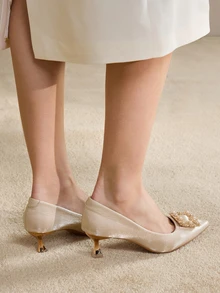 Clariva Sapatos de salto baixo femininos elegantes para outono/inverno - Cor sólida, design moderno de bico fino, leves e versáteis, adequados para todas as estações - Femininos - Ideais para ocasiões casuais e formais, elegantes, perfeitos para festas e presentes de Natal. - Damasco - Ver 4