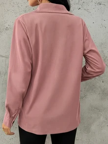 Áo sơ mi nữ bằng vải nhung kẻ, thiết kế hai túi, ve áo kiểu cổ điển, phong cách đường phố đa năng, áo kiểu thanh lịch màu hồng dành cho nữ. - Hồng - Xem 2