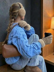 FOR BEAUTY 秋冬新款圆领纯色扭结长袖针织套头衫 女士宽松休闲百搭毛衣上衣 新年