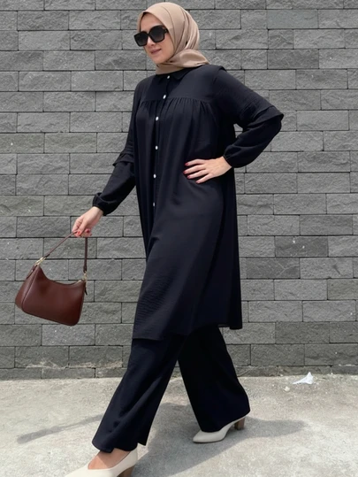 Women's Elegant Casual Solid Color Button Design Long Jacket With Lantern Sleeves And Wide Leg Pants Set, Fashionable Casual Graceful Cute Arabic Style Maxi Dress Two Pieces Set, Suitable For Spring, Summer, Autumn And Winter Eid