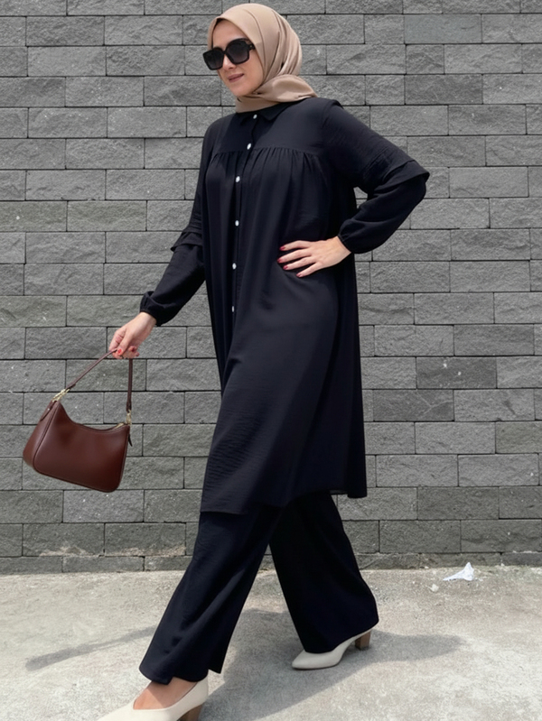 Women's Elegant Casual Solid Color Button Design Long Jacket With Lantern Sleeves And Wide Leg Pants Set, Fashionable Casual Graceful Cute Arabic Style Maxi Dress Two Pieces Set, Suitable For Spring, Summer, Autumn And Winter Eid