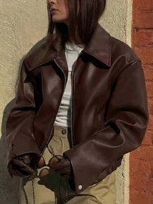 女式休闲百搭翻领长袖街头时尚 PU 皮革棕色飞行员夹克，秋冬 - 咖啡棕 - 查看 1