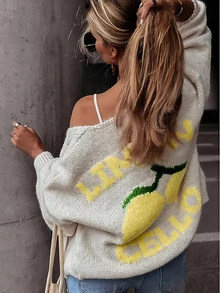 Women's Loose V-Neck Cardigan, Lemon Pattern Design, Soft And Warm Fabric, Fashion Lantern Sleeve Long Sleeve Cardigan, Polyester, Ribbed Button Front Sweater - Essential For Autumn/Winter And New Year - Apricot - View 2