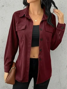 Camisa de pana para mujer, diseño de bolsillo doble, solapa retro, ropa de calle versátil, elegante blusa para mujer, primavera/verano