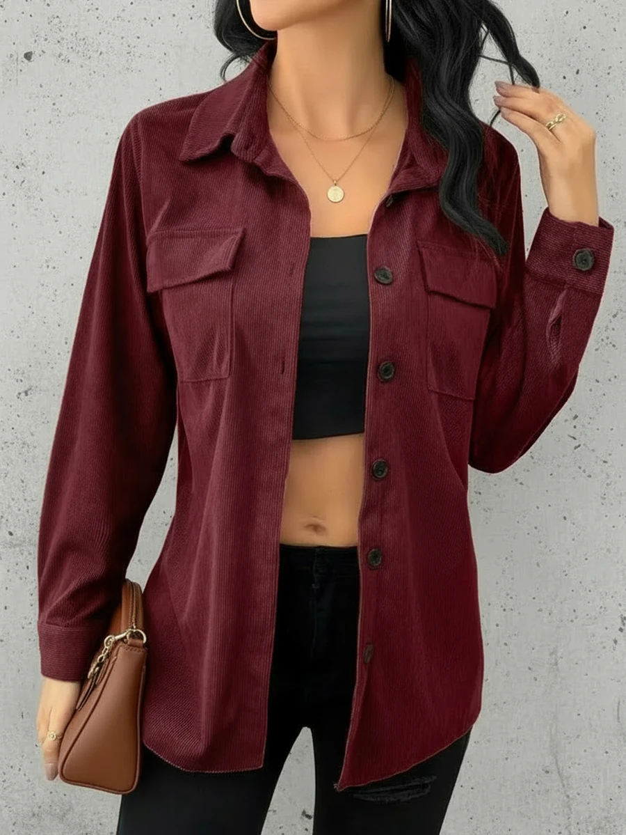 Camisa de pana para mujer, diseño de bolsillo doble, solapa retro, ropa de calle versátil, elegante blusa para mujer, primavera/verano