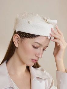 Clariva 1件装 空姐优雅英伦风蝴蝶结网纱蕾丝羊毛帽 女士礼帽 成熟女性服装搭配 温柔白色帽子 婚礼配饰 圣诞礼物 - 彩色 - 查看 5