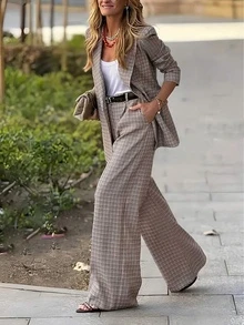 女士春秋季薄款格子套装，定制外套和阔腿裤，优雅时尚两件套办公服饰