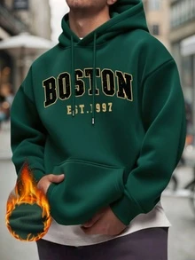 Men's Boston Letter Print Casual Hoodie Sweatshirt, Back To School, Autumn/Winter, Long Sleeve Top