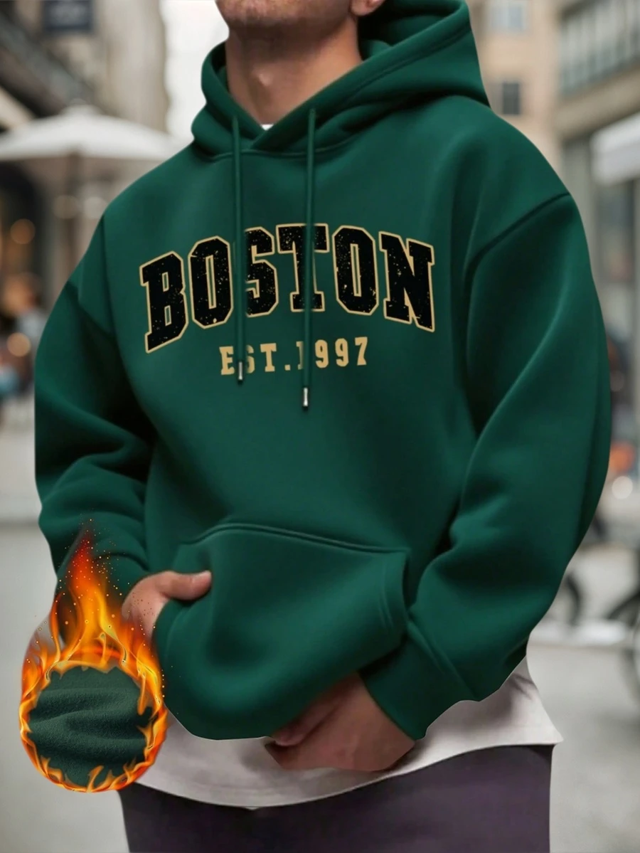 Men's Boston Letter Print Casual Hoodie Sweatshirt, Back To School, Autumn/Winter, Long Sleeve Top
