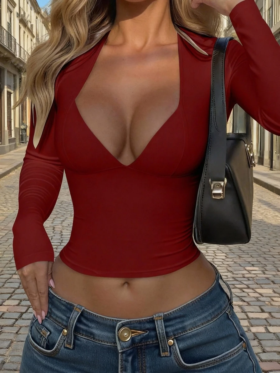 Áo thun dài tay nữ mỏng, chất liệu có họa tiết, màu trơn, kiểu dáng ôm sát, phù hợp với dáng người nhỏ nhắn, thích hợp cho mùa xuân/hè. - Màu Đỏ Sâu - Xem 1