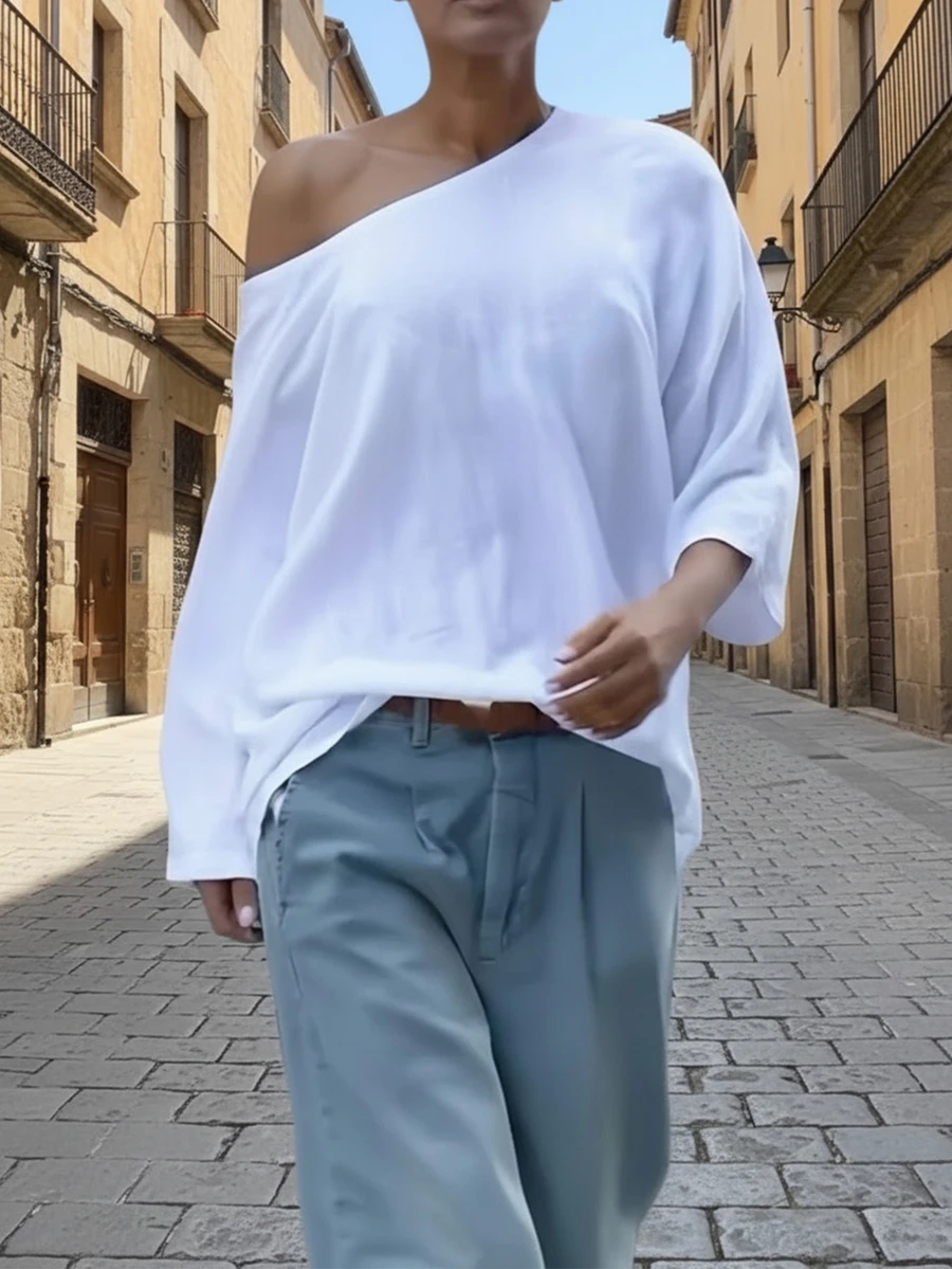 Christmas Minimalist White Cold Shoulder Loose Fit Long Sleeve Solid Color Casual T-Shirt Top, Essential Autumn/Winter Piece - White - View 1