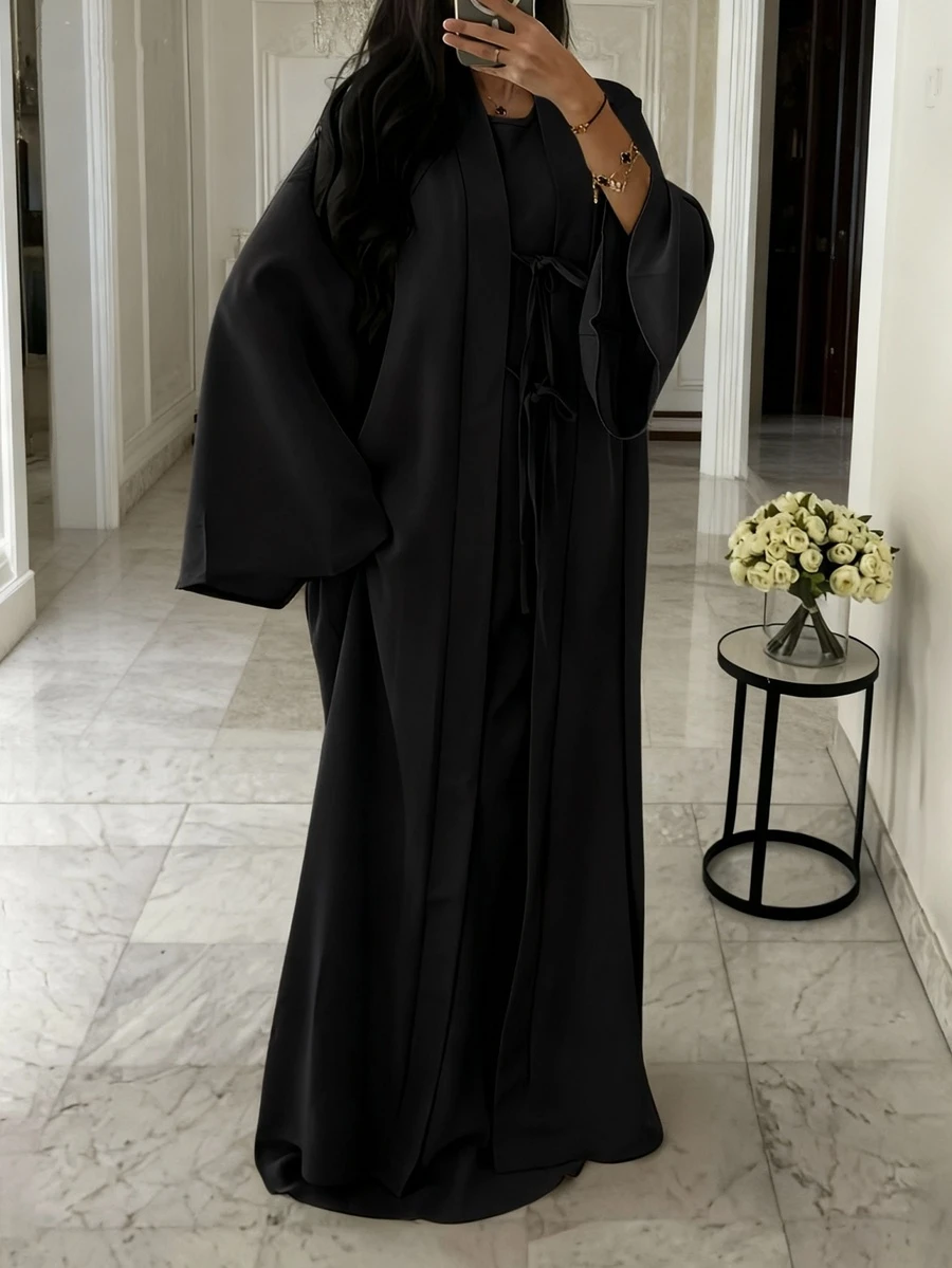 ANCHOSE Women's Middle Eastern Elegant Sleeveless Maxi Dress And Bowknot Long Cardigan Two Pieces Set - Black - View 1