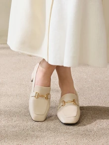 Clariva 女士高跟乐福鞋：粗跟鞋，2024春秋新款复古鞋，百搭英伦女鞋，米色软皮高跟鞋，优雅圣诞礼物 - 米色 - 查看 2